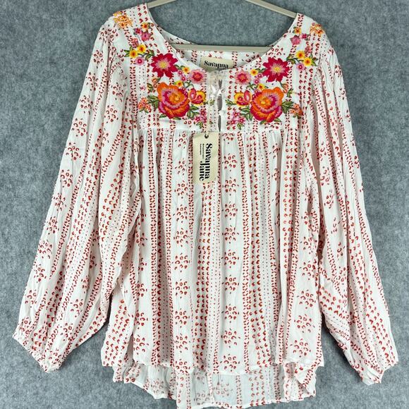 Savanna Jane Tops - Savanna Jane Embroidered Top Womens 3X Floral Boho Peasant Cottage Aztec NEW